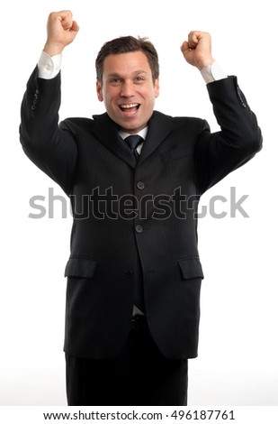 Excited Businessman Pumping Fists on White