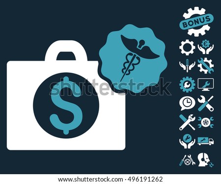 Medical Business pictograph with bonus tools clip art. Vector illustration style is flat iconic bicolor symbols, blue and white colors, dark blue background.