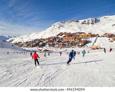 Ski slope at Val Thorens, 3 Valleys ski resort in the Alps, France Royalty-Free Stock Photo #496194094