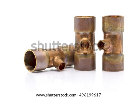 T-joint connection pipe of Air-conditioner or Refrigerant system, before brazing or welding for design piping system about Air-conditioner or Refrigerant system. Isolate photo on white background.