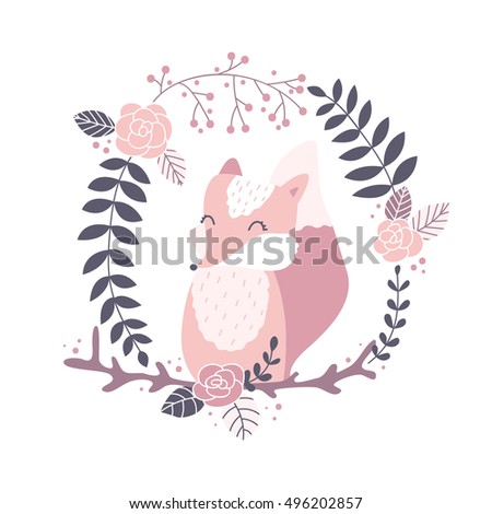Vector illustration, fox in a wreath, clip art elements isolated on white background