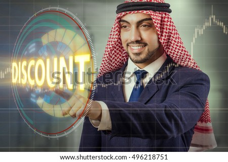 Arab man pressing buttons in sale concept