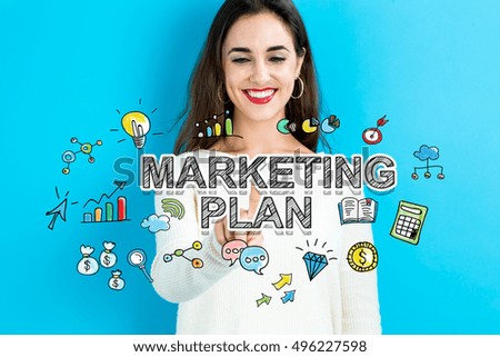Marketing Plan concept with young woman on blue background