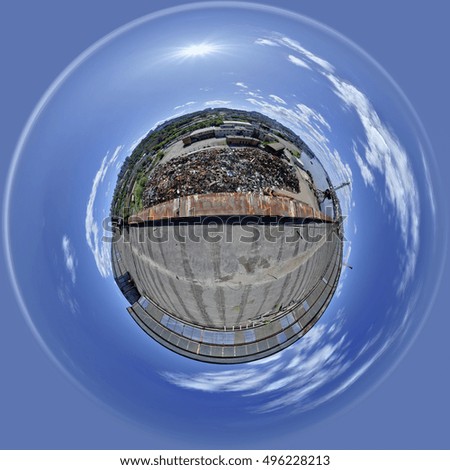 360 degree spherical panorama of seaport with rubbish dump from roof of building