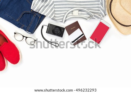 Image of woman apparel and equipment travel set and accessories on white background, top view photography, asian clothing style.