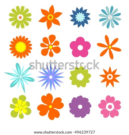 Set of flat icon flower in silhouette isolated on white. Cute retro design in bright colors for stickers, labels, tags, gift wrapping paper.