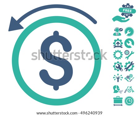 Refund icon with bonus tools clip art. Vector illustration style is flat iconic bicolor symbols, cobalt and cyan colors, white background.