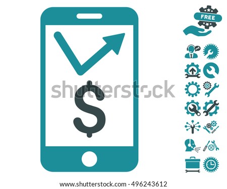 Mobile Sales Report pictograph with bonus tools graphic icons. Vector illustration style is flat iconic bicolor symbols, soft blue colors, white background.