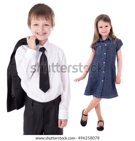 children fashion concept - little boy iand girl isolated on white background