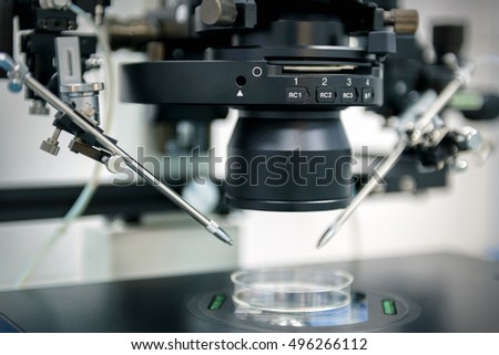 Laboratory microscope for scientific and medical research. Modern equipment in lab close-up. Study of cancer, corona virus. Concept of research, discover, technology, microbiology, health, medicine.