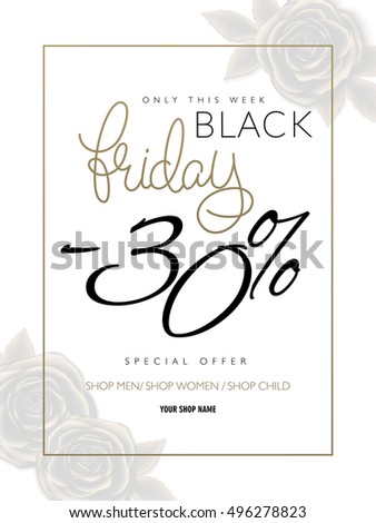 vector illustration of black friday advertising flyer with hand lettering golden word - friday - and gold roses on background. Big sale.