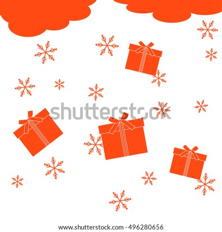 Nice illustration on Christmas or New Year's theme made in line style. Clouds with falling gifts and snowflakes painted in bright colors. 
