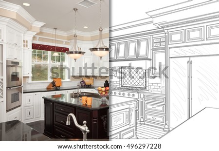 Split Screen Of Drawing and Photo of Beautiful New Kitchen.