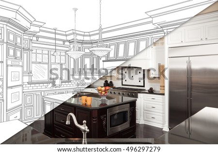 Diagonal Split Screen Of Drawing and Photo of Beautiful New Kitchen. Royalty-Free Stock Photo #496297279