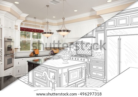 Diagonal Split Screen Of Drawing and Photo of Beautiful New Kitchen.
