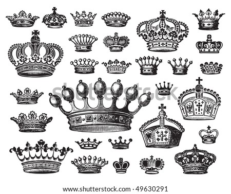 Set of vintage royal crown patterns, vector illustration. Old engraving elements for your design.