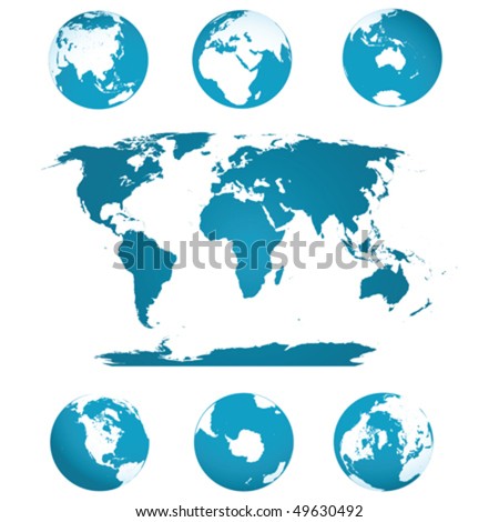 Earth globes and world map in blue tones over white background