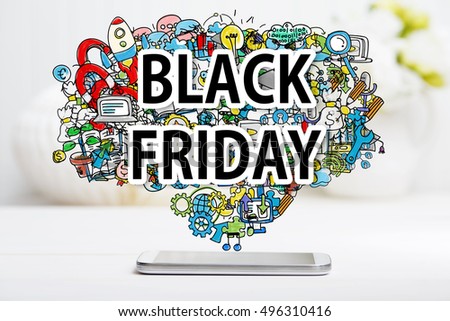Black Friday concept with smartphone on white table