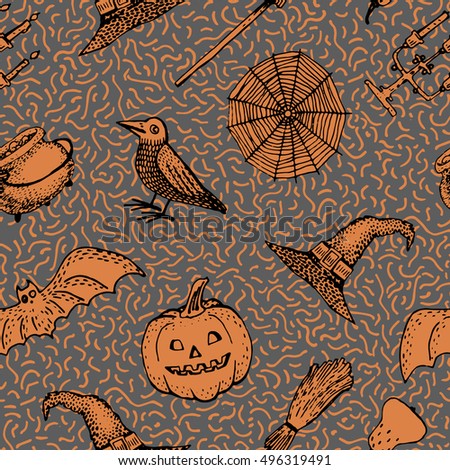 Vector seamless pattern for Halloween. Pumpkin, ghost, bat, candy, and other items on Halloween theme.