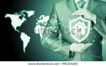 House protection and insurance. Home shield. Real estate safety. World map background. Worldwide insurance.