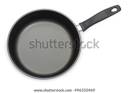 Black frying pan isolated on white background, close-up, top view.