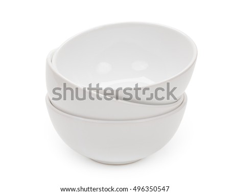 Little round white ceramic bowls for food products, isolated on white background, close-up.