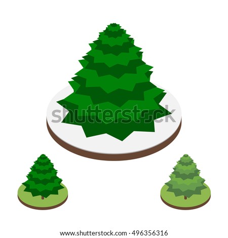 Fir-tree vector illustration in isometric style. Isometric christmas tree set. The set of fir-tree on snow and grass isolated against the white background. Christmas tree without decoration, balls 