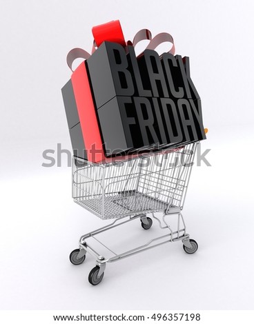 3D illustration of black Friday text wrapped with a red ribbon in a shopping cart