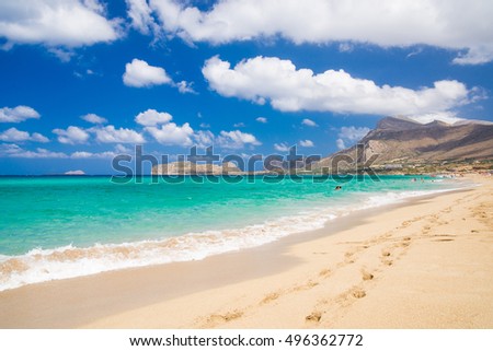 Beautiful fine sand beach in Falassarna, Crete, Greece Royalty-Free Stock Photo #496362772