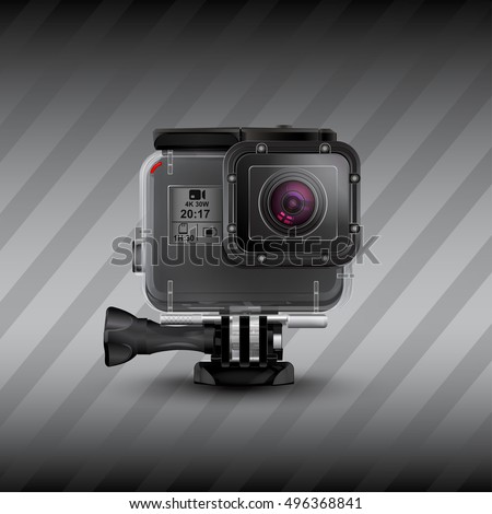 Action camera in waterproof box model 5 new. Equipment for filming extreme sports. Realistic vector illustration isolated on dark background. Recorder. Gear for filming extreme sports. Royalty-Free Stock Photo #496368841