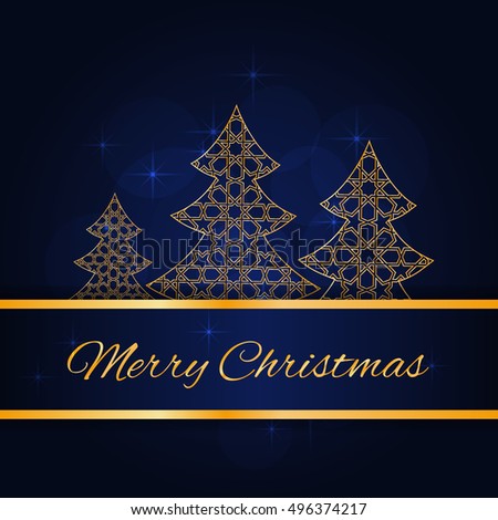 Greeting card with stylized christmas trees on abstract blue background. Vector illustration.