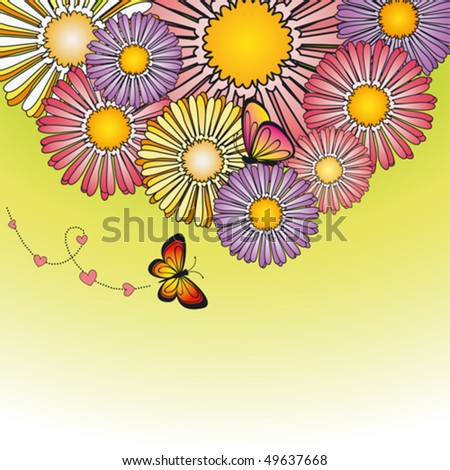Abstract springtime colorful daisy flowers with butterfly