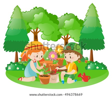 Two kids planting tree in garden illustration
