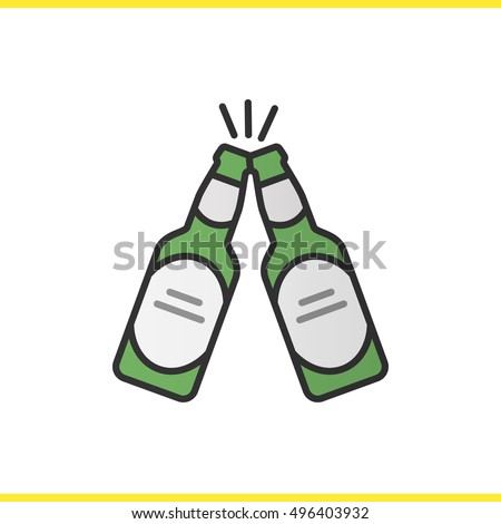 Toasting beer bottles color icon. Cheers. Pub and bar sign. Isolated vector illustration