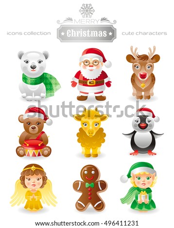 Merry Christmas icon set. Xmas cute cartoon flat characters. Bear, Santa Claus, reindeer, toy, lamb, penguin, angel, gingerbread man, helper elf. Modern vector illustration. White background