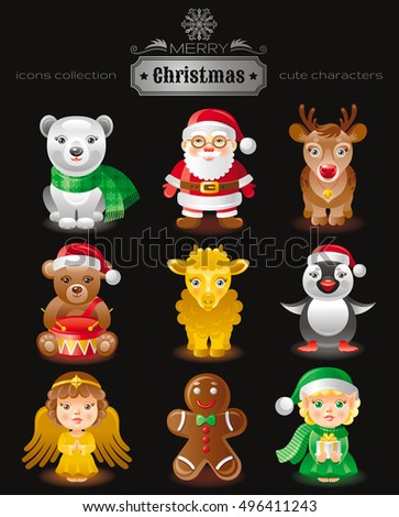 Merry Christmas icon set. Xmas cute cartoon flat characters. White bear, Santa Claus, reindeer, toy, lamb, penguin, angel, gingerbread man, helper elf. Vector illustration. Black background
