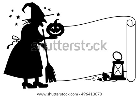 Outline paper scroll and silhouette of a witch with halloween pumpkin. Raster clip art.