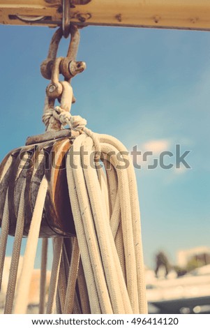Sailing ship detail closeup image of rope, marine outdoors background