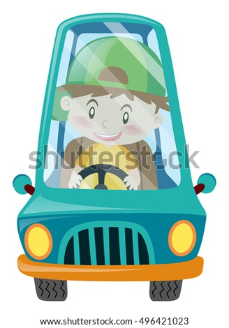 Happy boy driving blue car illustration