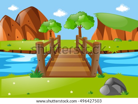 Scene with wooden bridge in park illustration