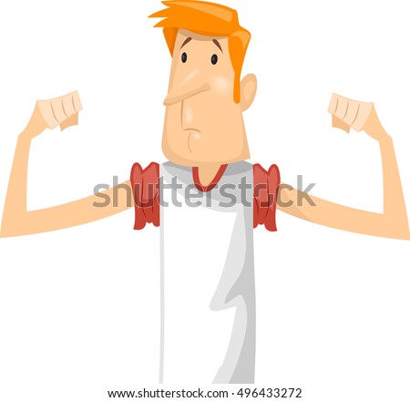 Fitness Illustration Featuring a Sad Skinny Man in a White  Shirt Disappointed Over His Lack of Muscle Bulges