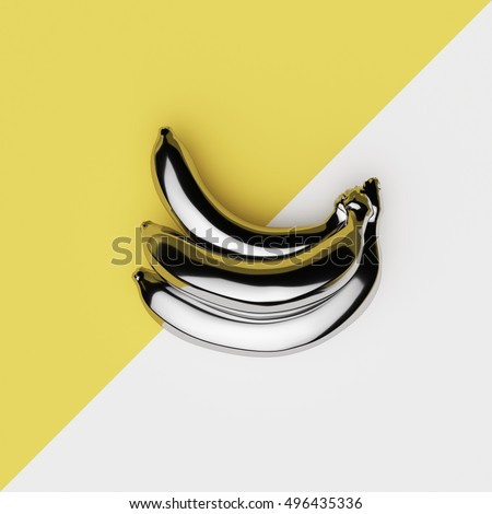 Chrome shiny banana on yellow and white background. minimal concept.