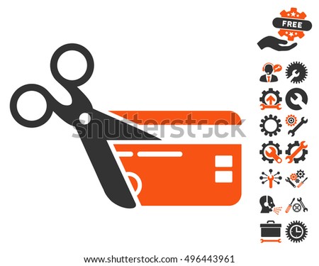 Cut Credit Card pictograph with bonus tools pictures. Vector illustration style is flat iconic bicolor symbols, orange and gray colors, white background.