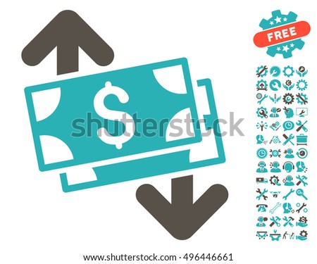 Banknotes Spending pictograph with bonus tools clip art. Vector illustration style is flat iconic bicolor symbols, grey and cyan colors, white background.