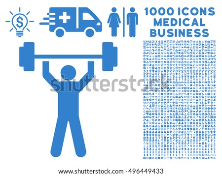 Power Lifting icon with 1000 medical commercial cobalt vector pictograms. Design style is flat symbols, white background.