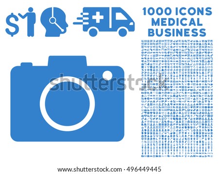 Photo Camera icon with 1000 medical business cobalt vector design elements. Collection style is flat symbols, white background.