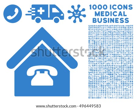 Phone Station icon with 1000 medical commercial cobalt vector pictographs. Collection style is flat symbols, white background.