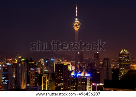 Kuala Lumpur Cityscape with KL tower at night Royalty-Free Stock Photo #496456207