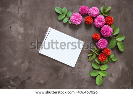 Festive flower composition on a concrete background, selective focus, the top view, copy space