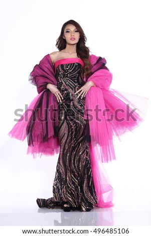Asia Beautiful Model and Slim in Black Purple sequin Evening Dress Gown